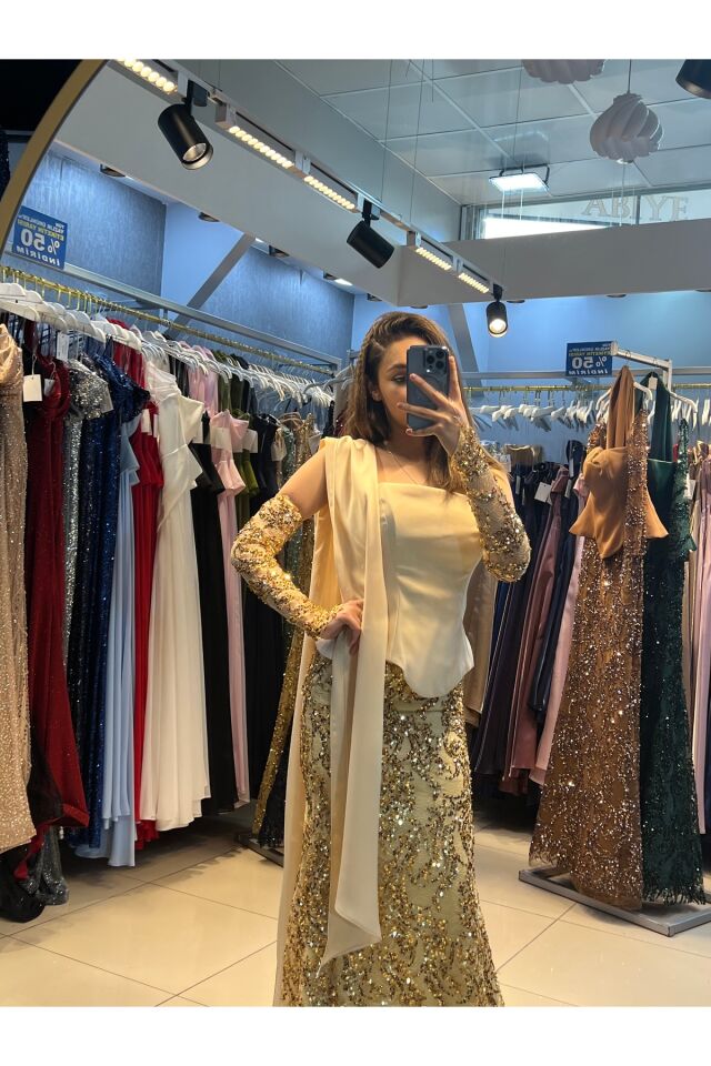 Abiye özel tasarım eldivenli fularlı model