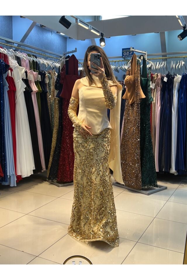 Abiye özel tasarım eldivenli fularlı model