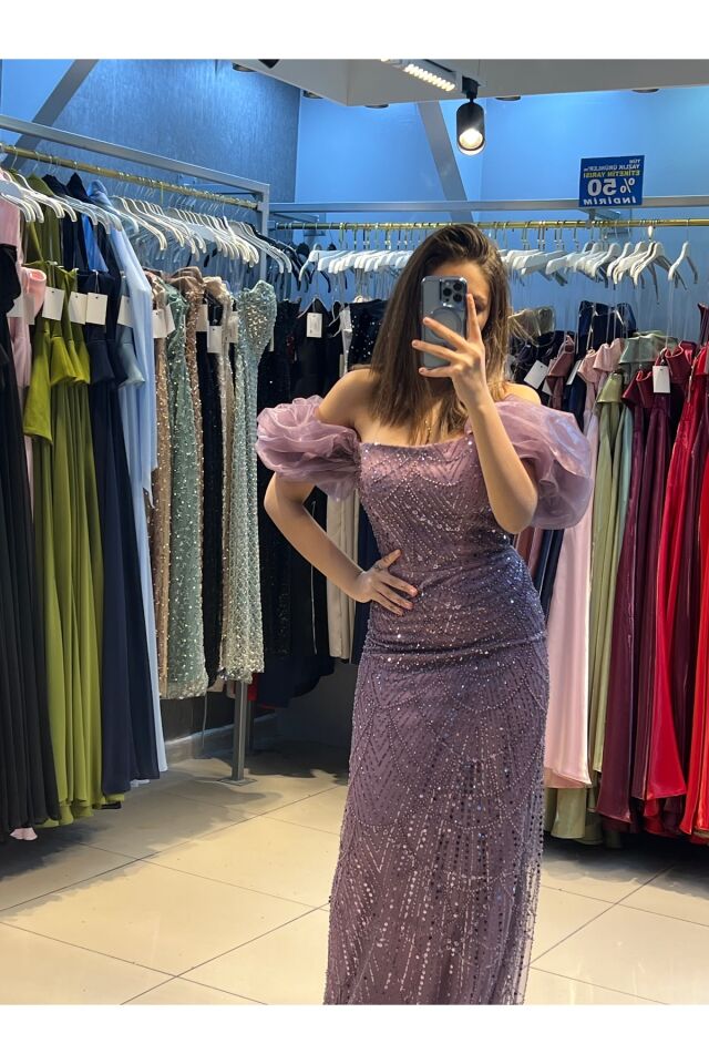 Abiye - Elbise Balon kol taş işlemeli kalem sıtraplez