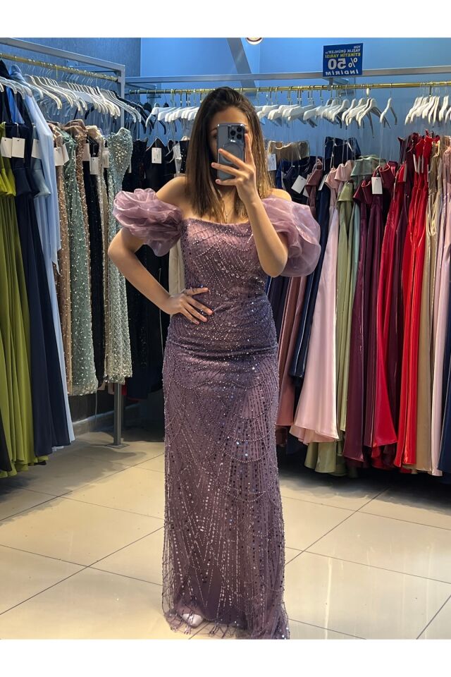 Abiye - Elbise Balon kol taş işlemeli kalem sıtraplez