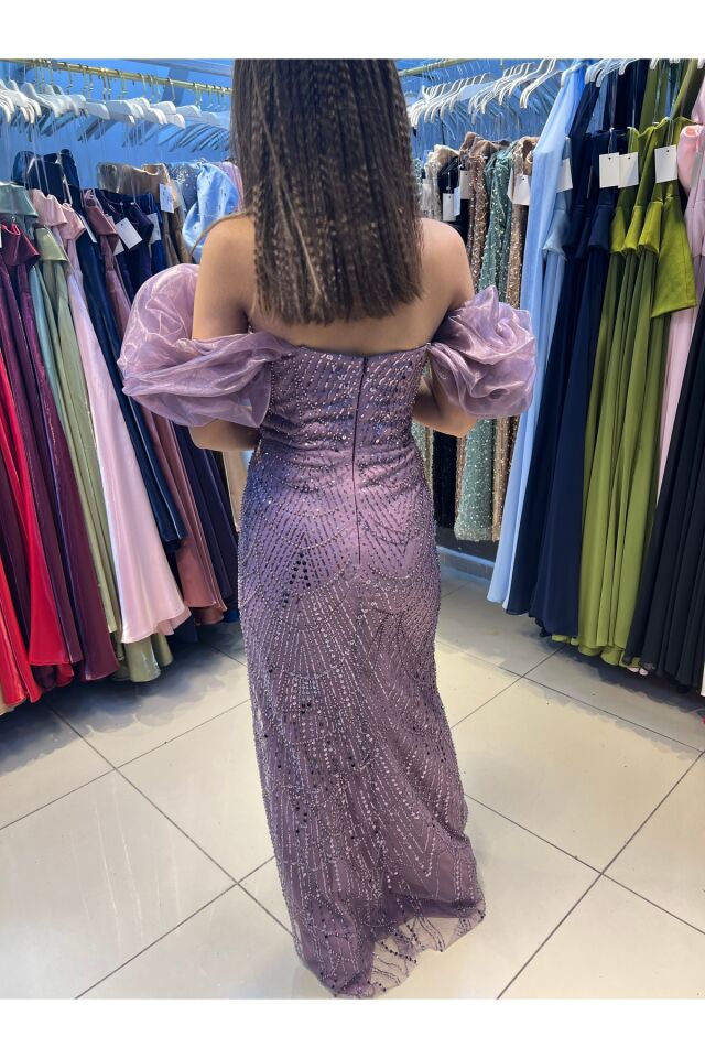 Abiye - Elbise Balon kol taş işlemeli kalem sıtraplez