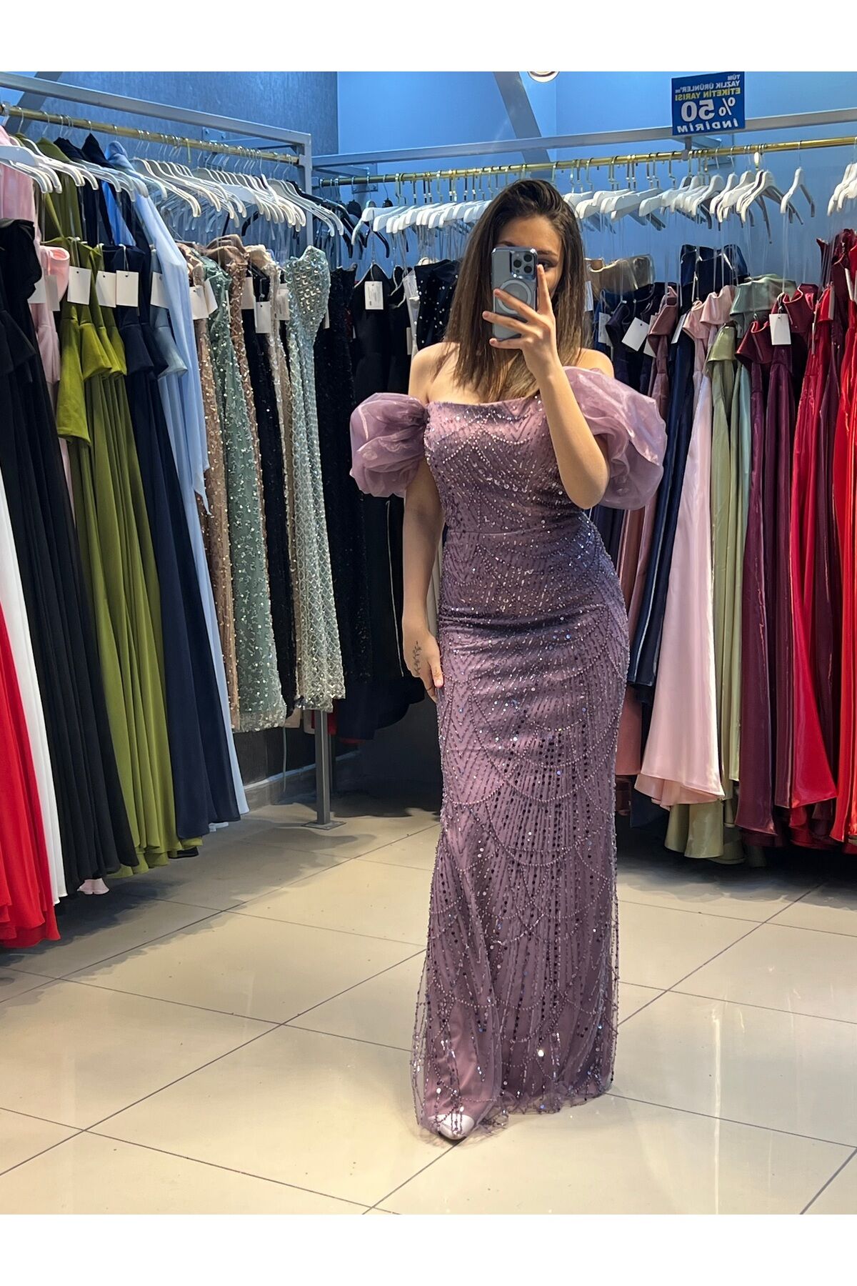 Abiye - Elbise Balon kol taş işlemeli kalem sıtraplez