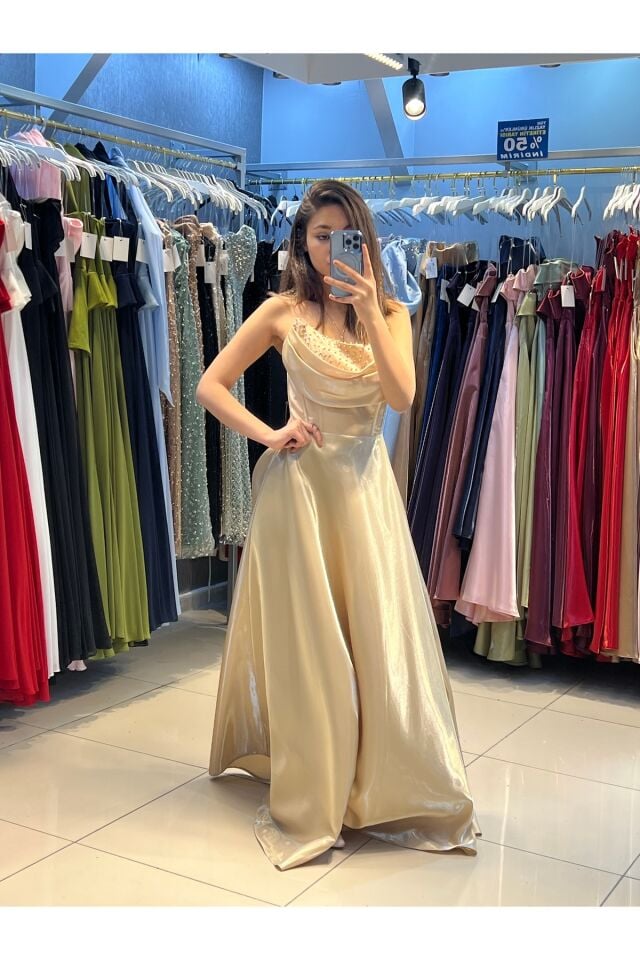 Abiye - Elbise - Tafta kumaş sırt bağlamalı sıtraplez