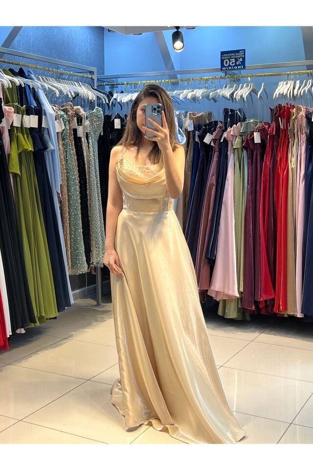 Abiye - Elbise - Tafta kumaş sırt bağlamalı sıtraplez