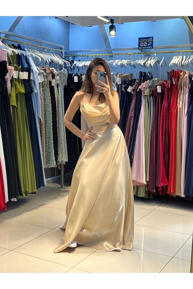 Abiye - Elbise - Tafta kumaş sırt bağlamalı sıtraplez