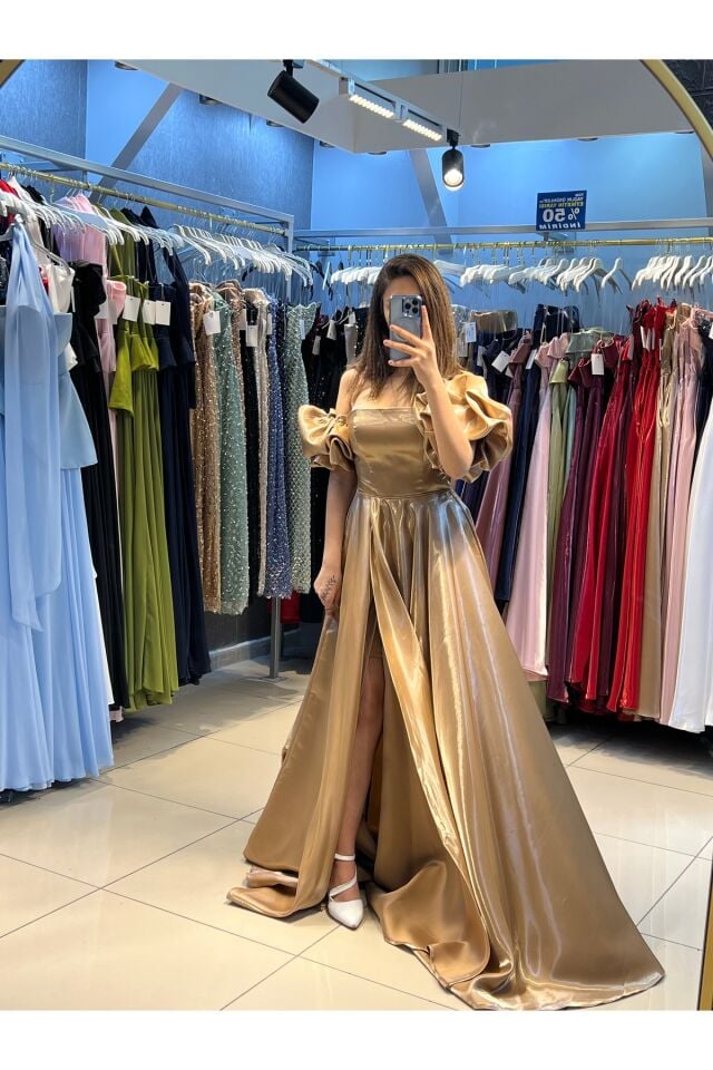 Abiye Elbise - Balon kol Tafta saten