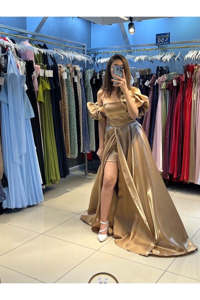 Abiye Elbise - Balon kol Tafta saten