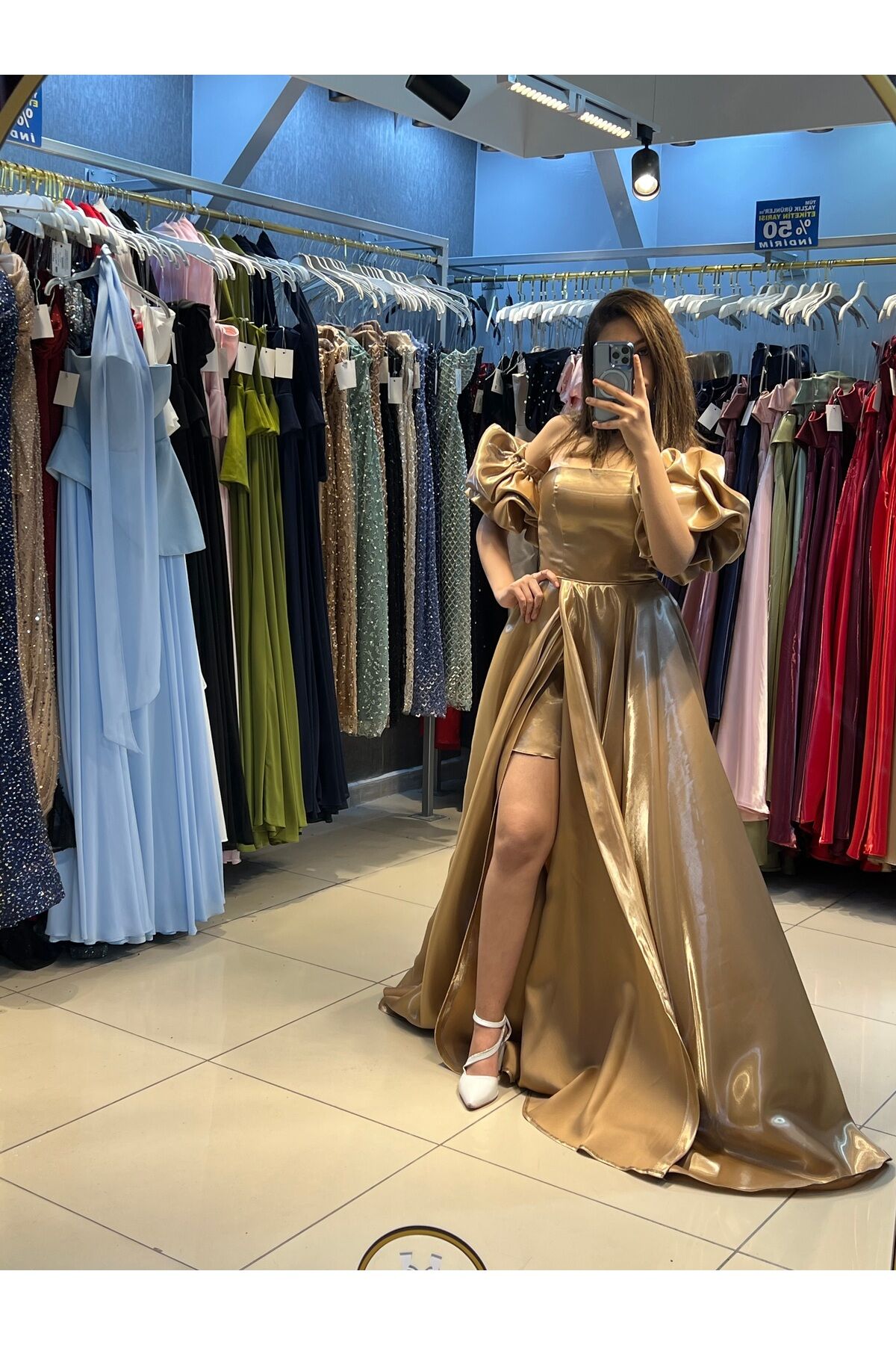 Abiye Elbise - Balon kol Tafta saten