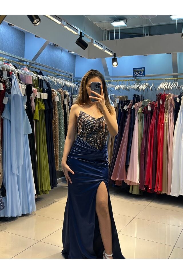 (A B İ Y E) Sıtraplez derin yırtmaçlı arka sırt bağlamalı özel tasarım