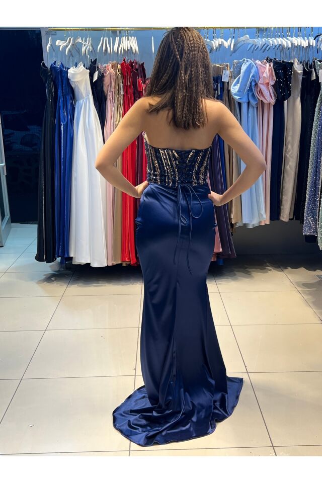 (A B İ Y E) Sıtraplez derin yırtmaçlı arka sırt bağlamalı özel tasarım