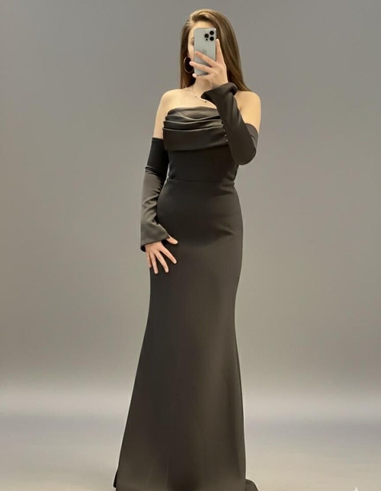 Straplez Seyyar Kol Saten Detaylı Krep Esnek Kumaş Balık ABİYE (ME1000SY)