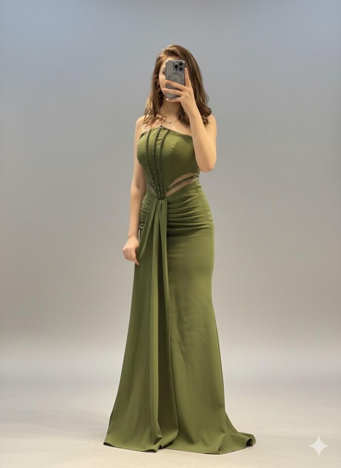 Sıtraplez Krep Esnek Kumaş Ön Kısmında Pelerin Detaylı Boncuk İşlemeli ABİYE (ME1002YŞ)